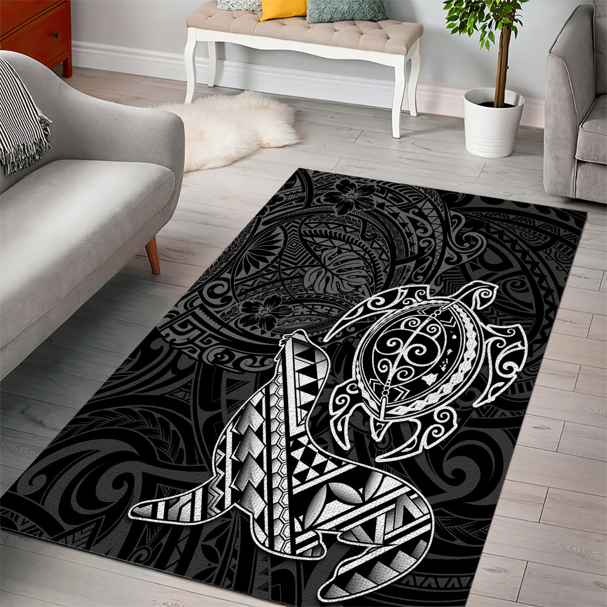 Hawaii Monk Seal and Dolphin Area Rug Polynesian Kakau Pattern Black White Color