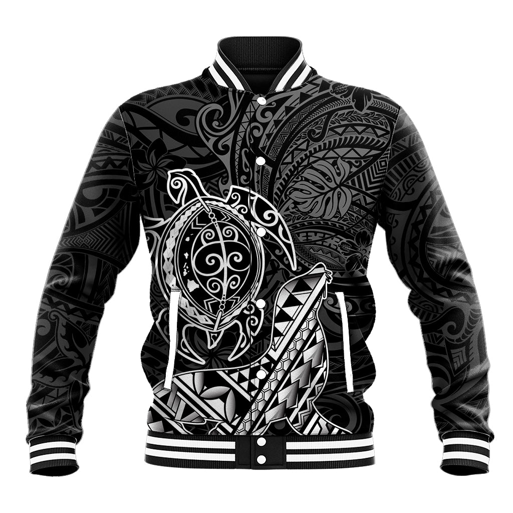 Hawaii Monk Seal and Dolphin Baseball Jacket Polynesian Kakau Pattern Black White Color LT03 Unisex Black - Polynesian Pride