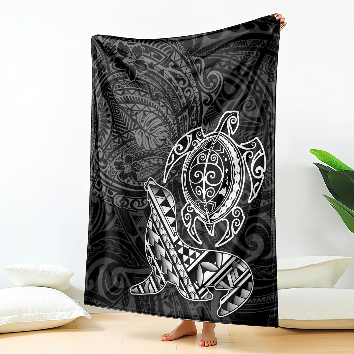 Hawaii Monk Seal and Dolphin Blanket Polynesian Kakau Pattern Black White Color LT03 - Polynesian Pride