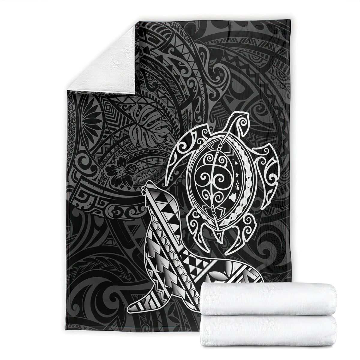 Hawaii Monk Seal and Dolphin Blanket Polynesian Kakau Pattern Black White Color LT03 - Polynesian Pride