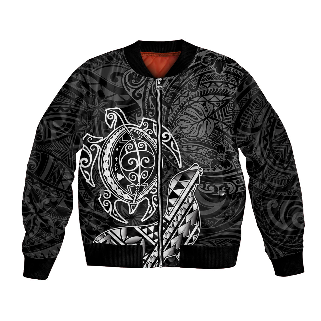 Hawaii Monk Seal and Dolphin Bomber Jacket Polynesian Kakau Pattern Black White Color LT03 Unisex Black - Polynesian Pride