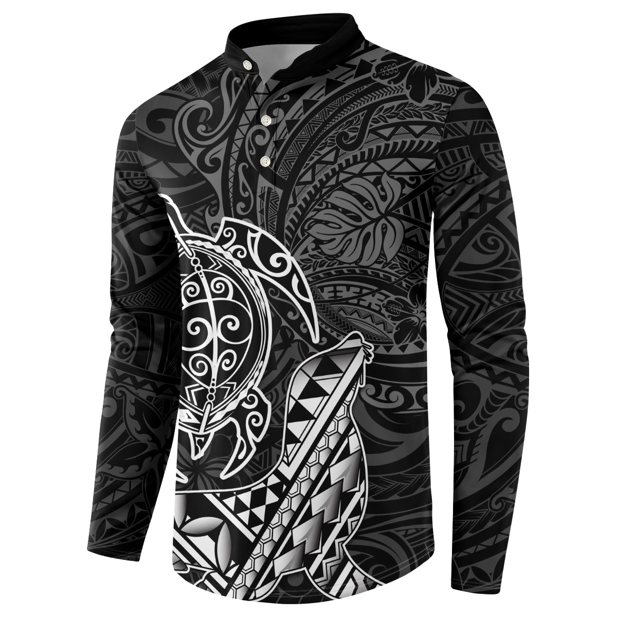 Hawaii Monk Seal and Dolphin Button Sweatshirt Polynesian Kakau Pattern Black White Color LT03 - Polynesian Pride