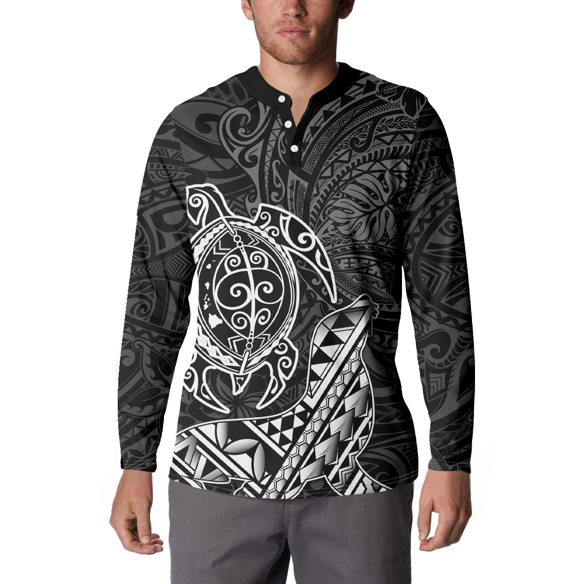 Hawaii Monk Seal and Dolphin Button Sweatshirt Polynesian Kakau Pattern Black White Color LT03 - Polynesian Pride