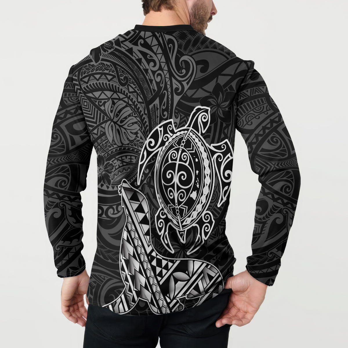 Hawaii Monk Seal and Dolphin Button Sweatshirt Polynesian Kakau Pattern Black White Color LT03 - Polynesian Pride