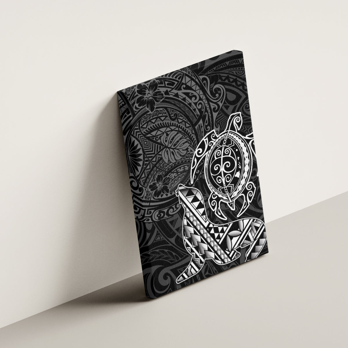 Hawaii Monk Seal and Dolphin Canvas Wall Art Polynesian Kakau Pattern Black White Color