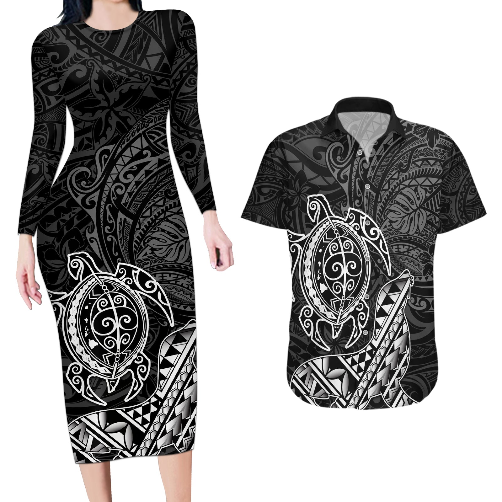 Hawaii Monk Seal and Dolphin Couples Matching Long Sleeve Bodycon Dress and Hawaiian Shirt Polynesian Kakau Pattern Black White Color LT03 Black - Polynesian Pride