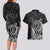 Hawaii Monk Seal and Dolphin Couples Matching Long Sleeve Bodycon Dress and Hawaiian Shirt Polynesian Kakau Pattern Black White Color