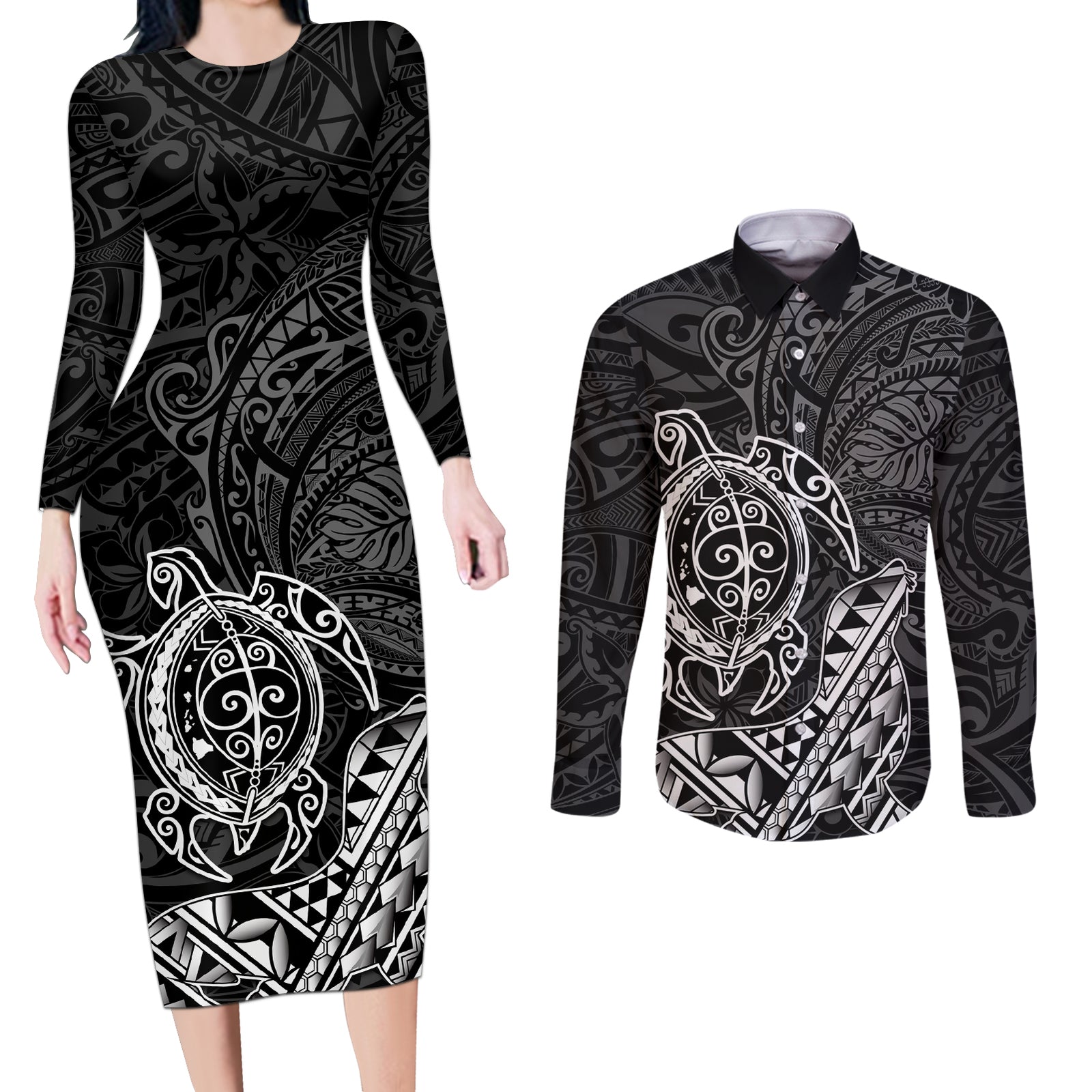 Hawaii Monk Seal and Dolphin Couples Matching Long Sleeve Bodycon Dress and Long Sleeve Button Shirt Polynesian Kakau Pattern Black White Color LT03 Black - Polynesian Pride