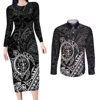 Hawaii Monk Seal and Dolphin Couples Matching Long Sleeve Bodycon Dress and Long Sleeve Button Shirt Polynesian Kakau Pattern Black White Color LT03 Black - Polynesian Pride