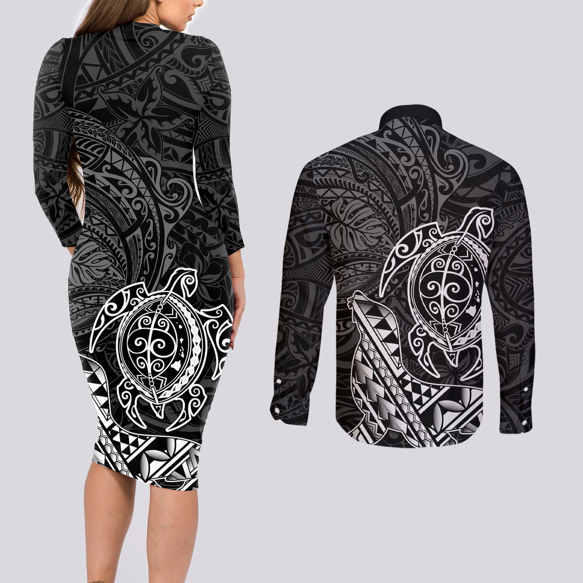 Hawaii Monk Seal and Dolphin Couples Matching Long Sleeve Bodycon Dress and Long Sleeve Button Shirt Polynesian Kakau Pattern Black White Color LT03 - Polynesian Pride