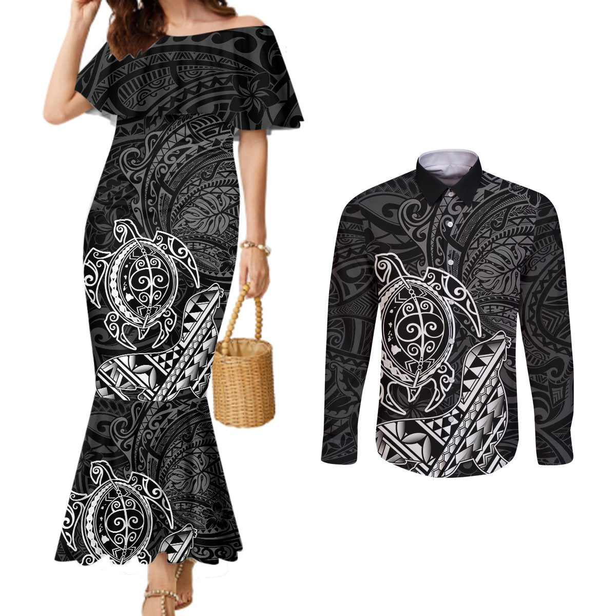 Hawaii Monk Seal and Dolphin Couples Matching Mermaid Dress and Long Sleeve Button Shirt Polynesian Kakau Pattern Black White Color LT03 Black - Polynesian Pride