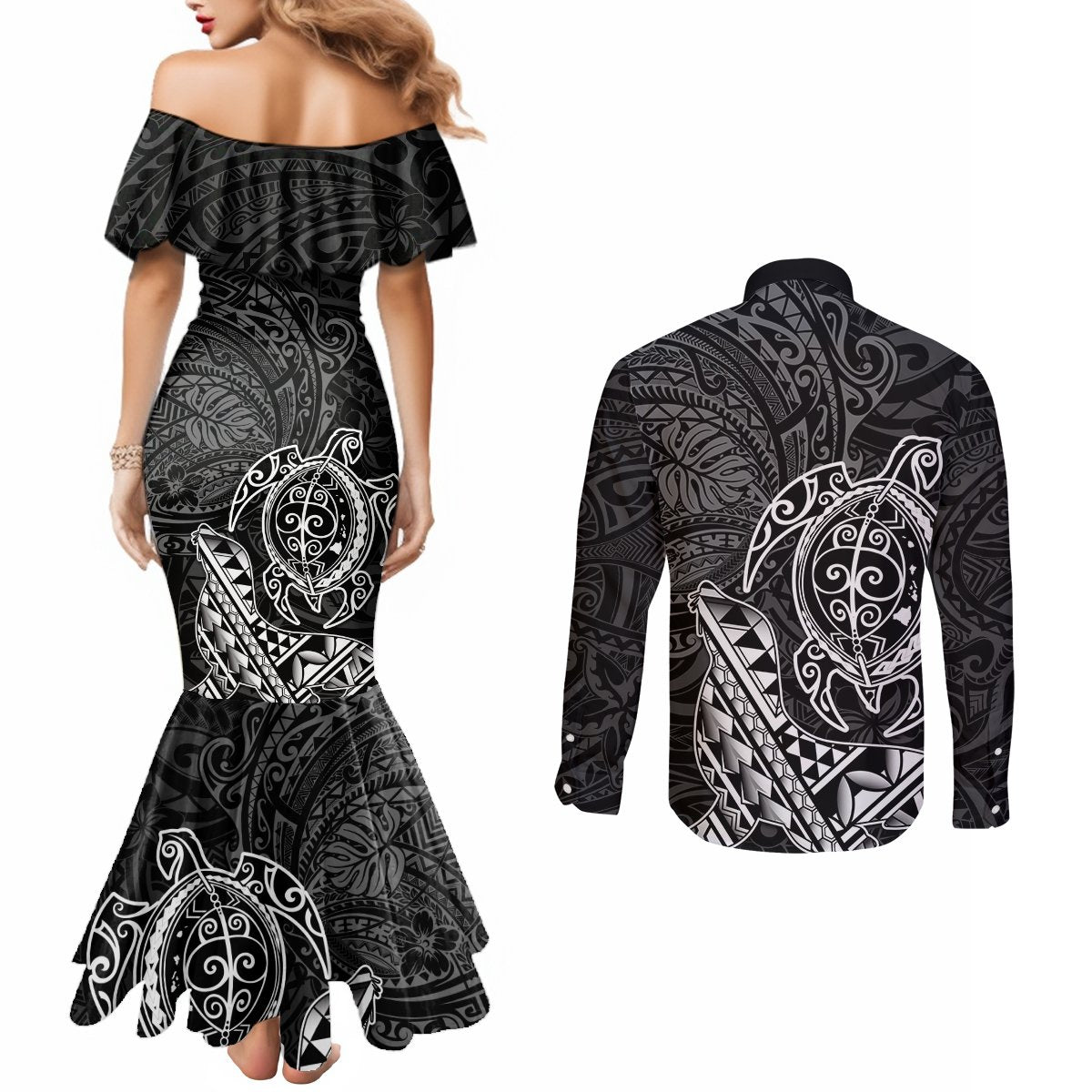 Hawaii Monk Seal and Dolphin Couples Matching Mermaid Dress and Long Sleeve Button Shirt Polynesian Kakau Pattern Black White Color LT03 - Polynesian Pride