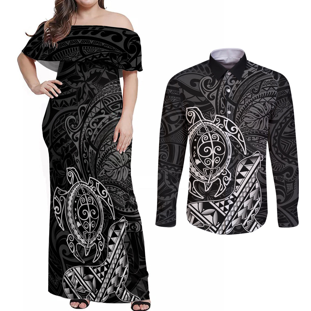 Hawaii Monk Seal and Dolphin Couples Matching Off Shoulder Maxi Dress and Long Sleeve Button Shirt Polynesian Kakau Pattern Black White Color LT03 Black - Polynesian Pride