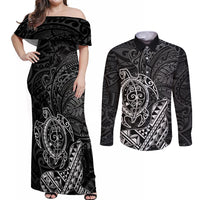 Hawaii Monk Seal and Dolphin Couples Matching Off Shoulder Maxi Dress and Long Sleeve Button Shirt Polynesian Kakau Pattern Black White Color LT03 Black - Polynesian Pride