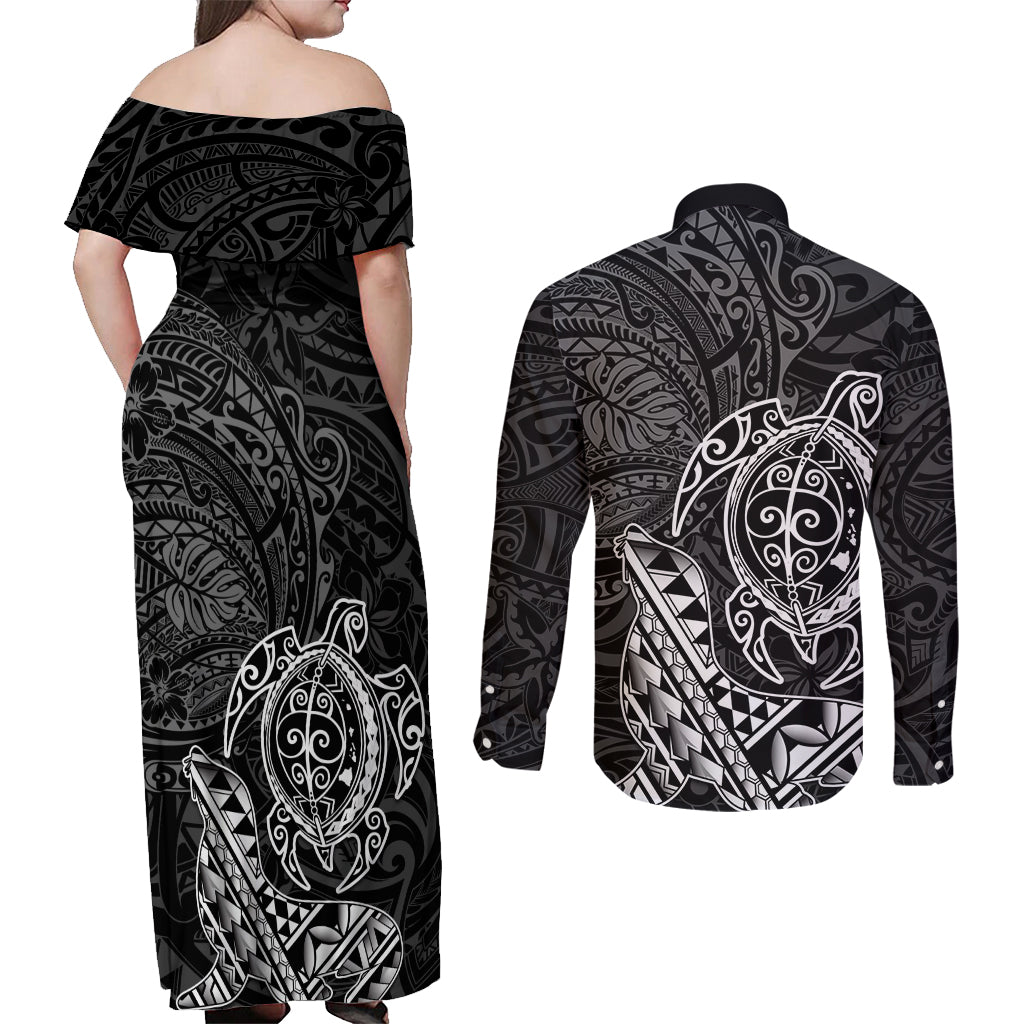 Hawaii Monk Seal and Dolphin Couples Matching Off Shoulder Maxi Dress and Long Sleeve Button Shirt Polynesian Kakau Pattern Black White Color LT03 - Polynesian Pride