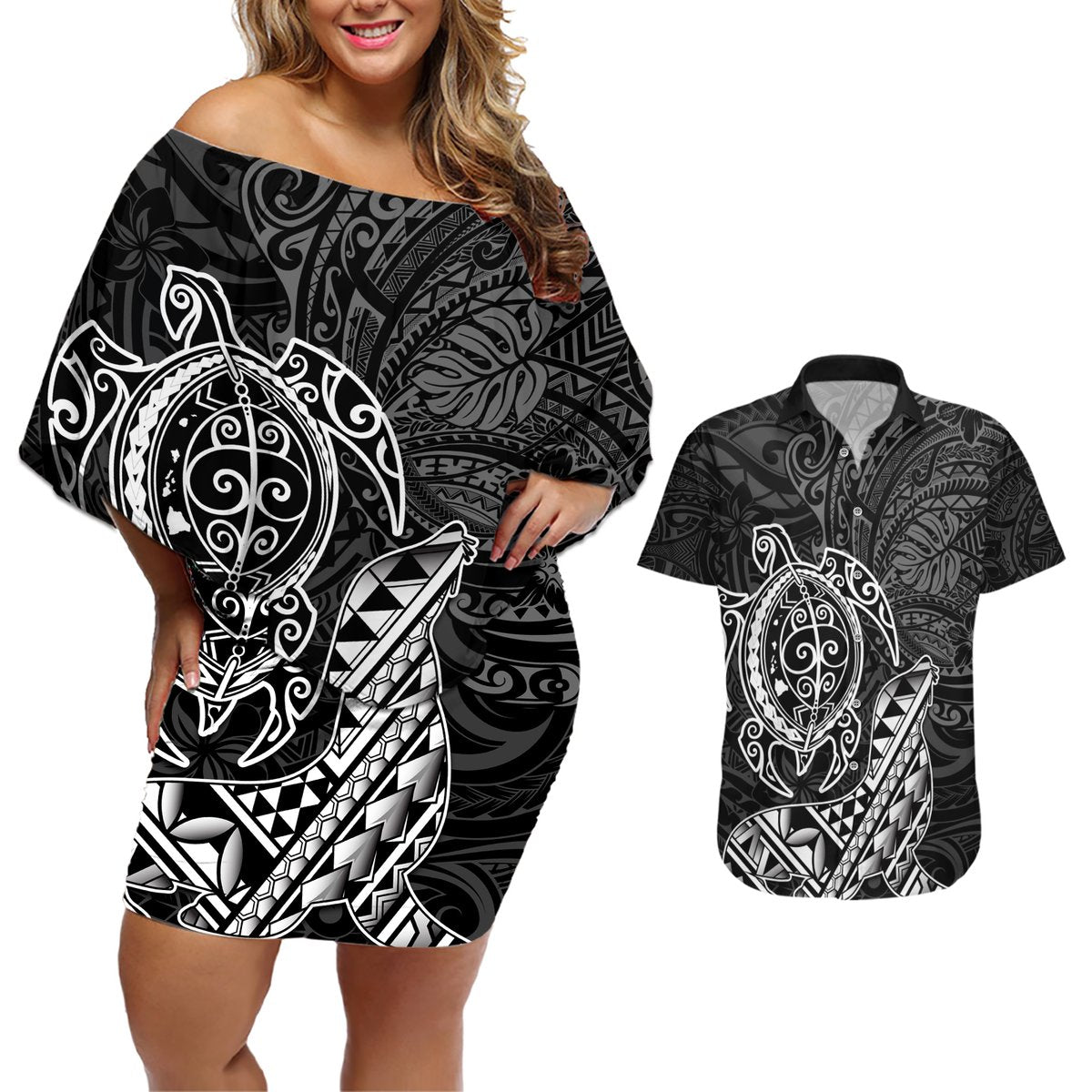 Hawaii Monk Seal and Dolphin Couples Matching Off Shoulder Short Dress and Hawaiian Shirt Polynesian Kakau Pattern Black White Color LT03 Black - Polynesian Pride
