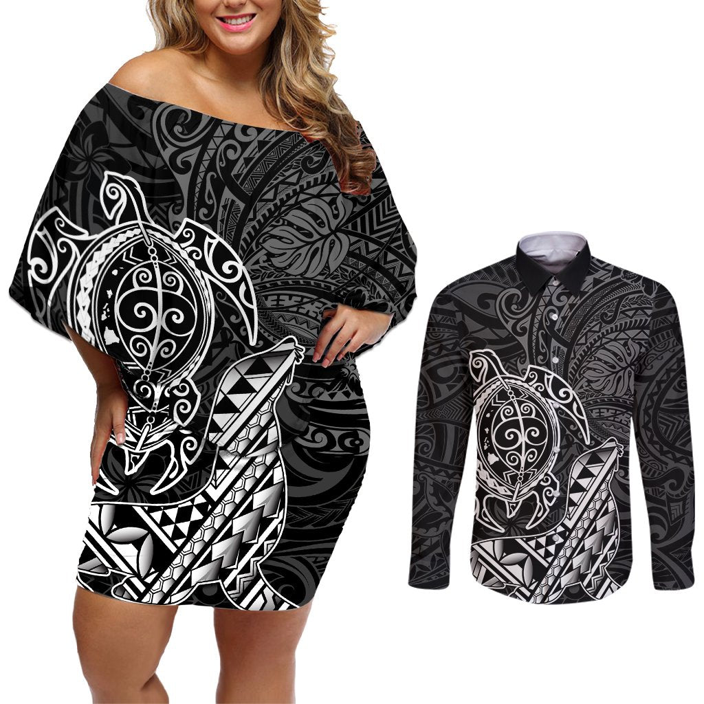 Hawaii Monk Seal and Dolphin Couples Matching Off Shoulder Short Dress and Long Sleeve Button Shirt Polynesian Kakau Pattern Black White Color LT03 Black - Polynesian Pride