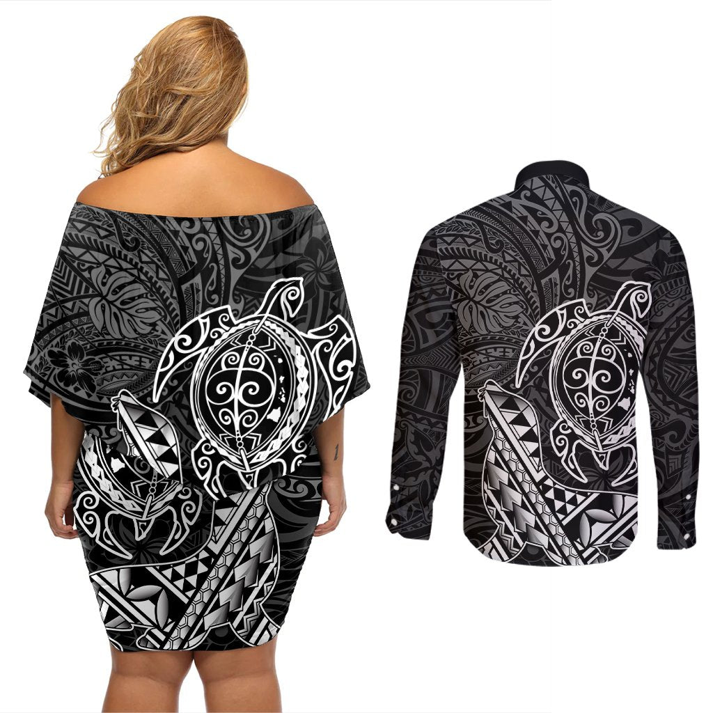 Hawaii Monk Seal and Dolphin Couples Matching Off Shoulder Short Dress and Long Sleeve Button Shirt Polynesian Kakau Pattern Black White Color LT03 - Polynesian Pride