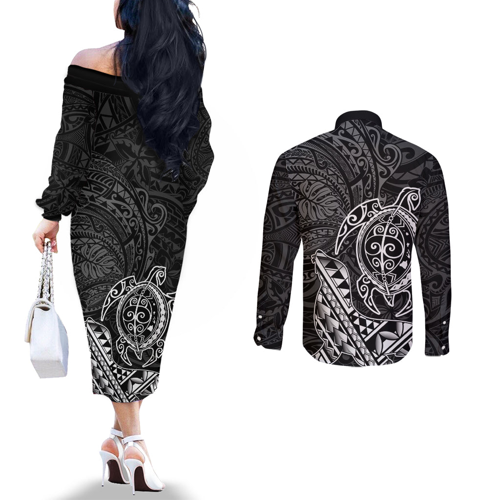 Hawaii Monk Seal and Dolphin Couples Matching Off The Shoulder Long Sleeve Dress and Long Sleeve Button Shirt Polynesian Kakau Pattern Black White Color LT03 - Polynesian Pride