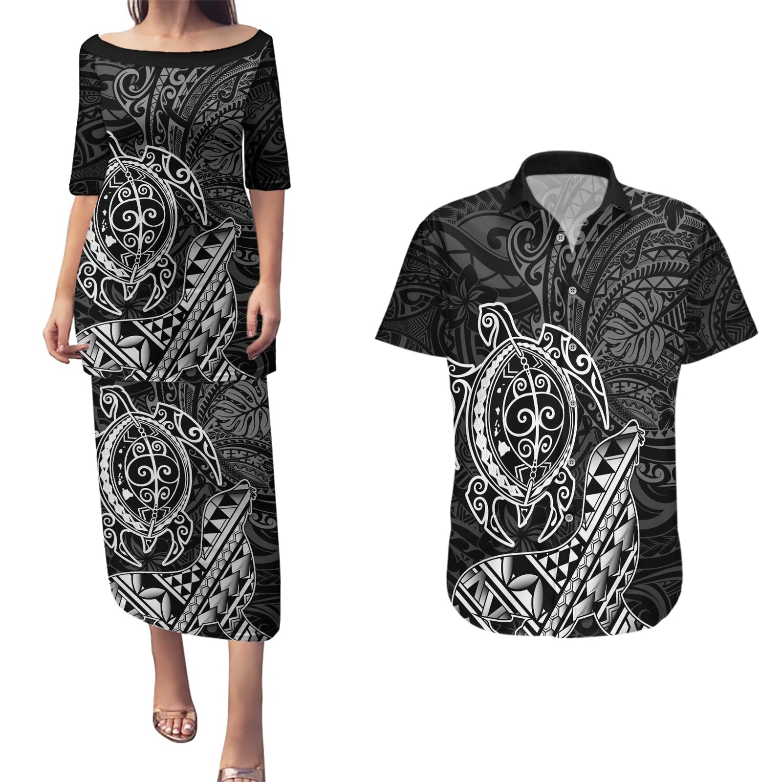Hawaii Monk Seal and Dolphin Couples Matching Puletasi and Hawaiian Shirt Polynesian Kakau Pattern Black White Color LT03 Black - Polynesian Pride