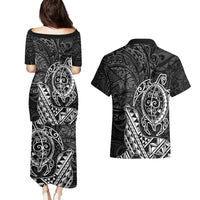 Hawaii Monk Seal and Dolphin Couples Matching Puletasi and Hawaiian Shirt Polynesian Kakau Pattern Black White Color LT03 - Polynesian Pride