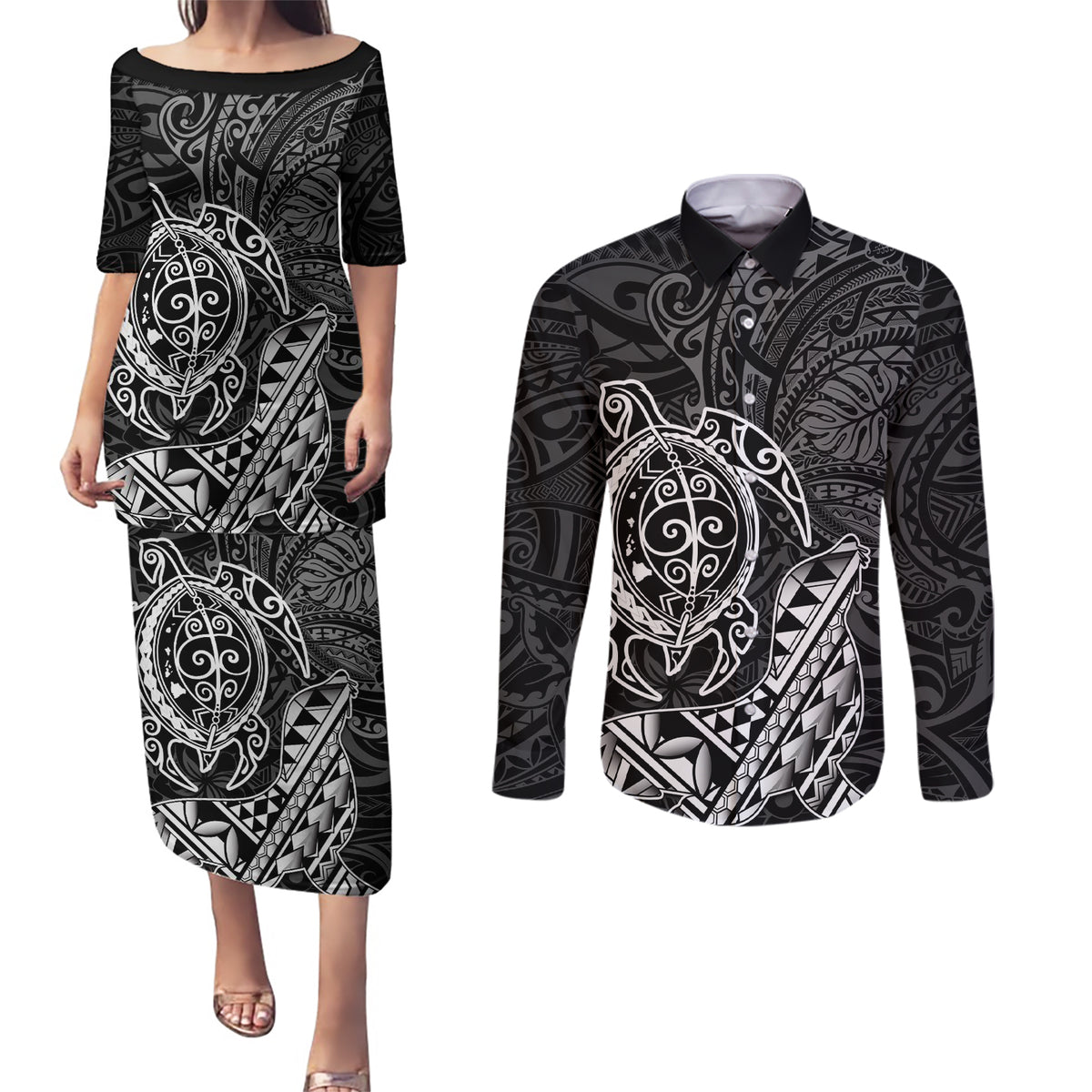 Hawaii Monk Seal and Dolphin Couples Matching Puletasi and Long Sleeve Button Shirt Polynesian Kakau Pattern Black White Color LT03 Black - Polynesian Pride