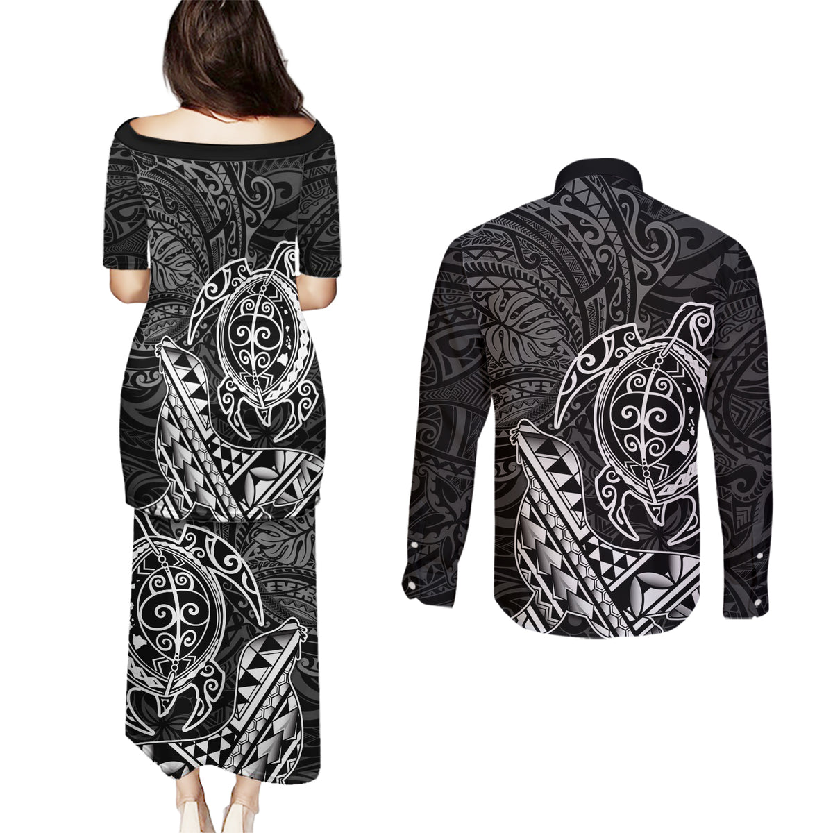 Hawaii Monk Seal and Dolphin Couples Matching Puletasi and Long Sleeve Button Shirt Polynesian Kakau Pattern Black White Color LT03 - Polynesian Pride