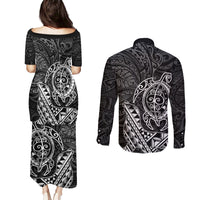 Hawaii Monk Seal and Dolphin Couples Matching Puletasi and Long Sleeve Button Shirt Polynesian Kakau Pattern Black White Color LT03 - Polynesian Pride