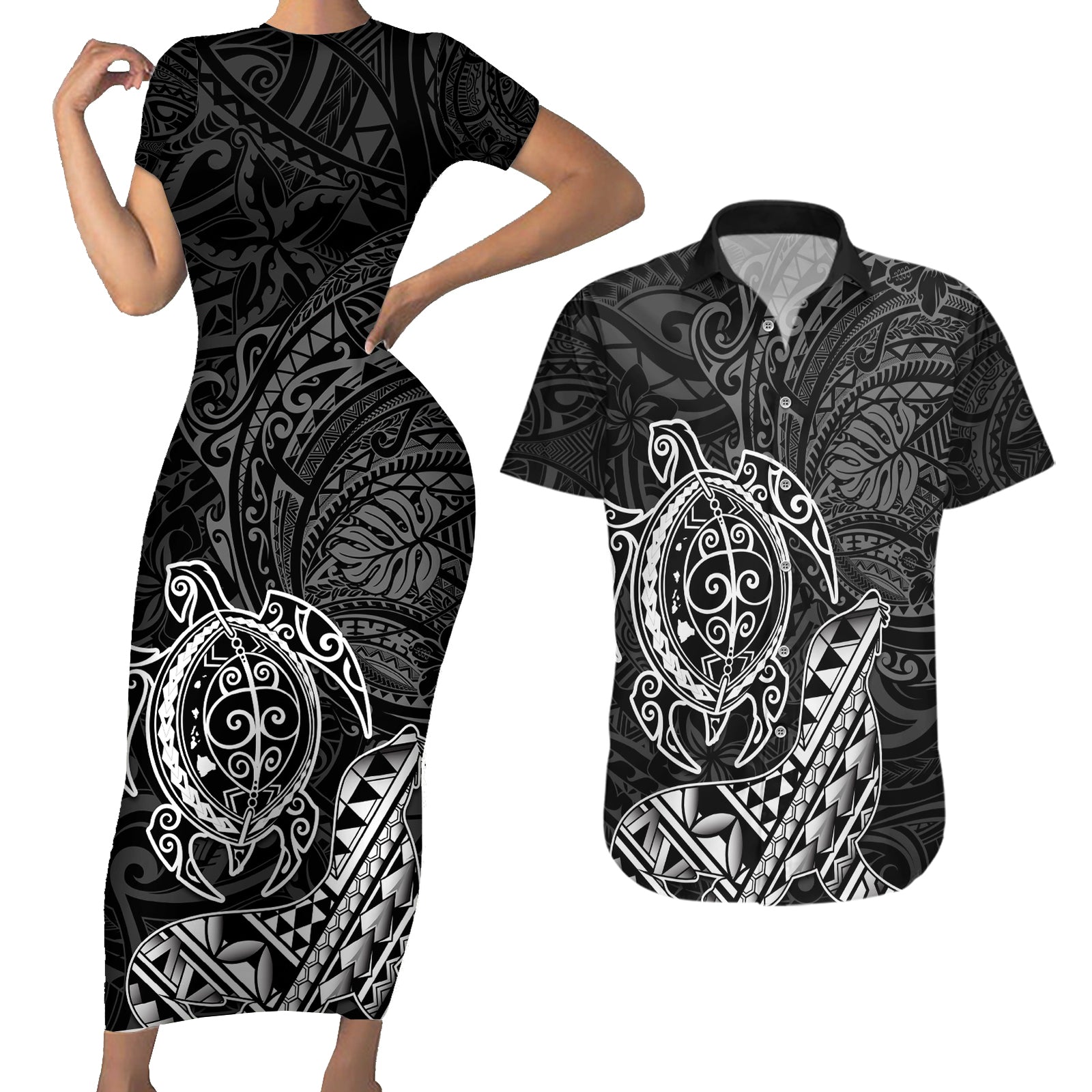 Hawaii Monk Seal and Dolphin Couples Matching Short Sleeve Bodycon Dress and Hawaiian Shirt Polynesian Kakau Pattern Black White Color LT03 Black - Polynesian Pride
