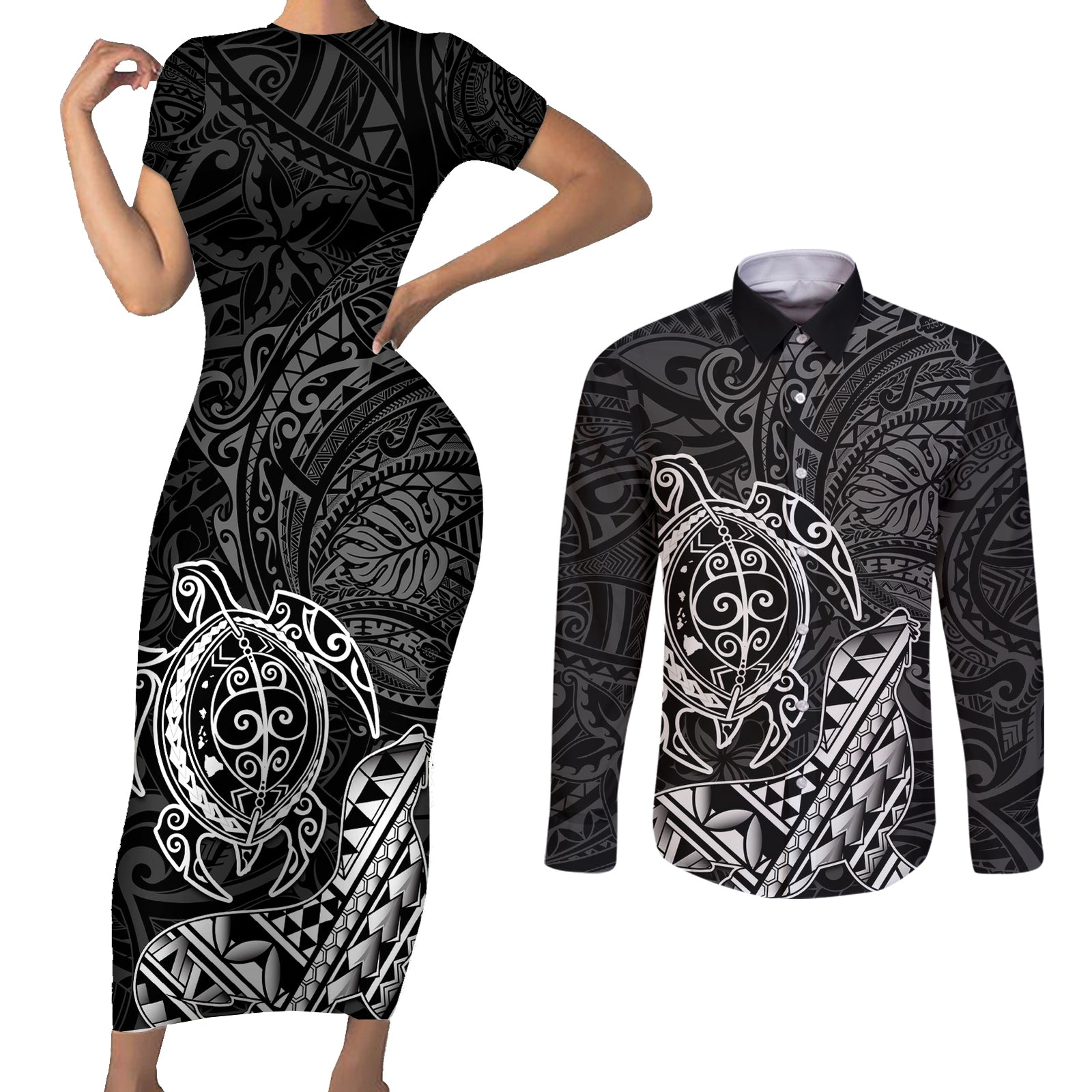 Hawaii Monk Seal and Dolphin Couples Matching Short Sleeve Bodycon Dress and Long Sleeve Button Shirt Polynesian Kakau Pattern Black White Color LT03 Black - Polynesian Pride