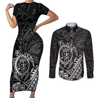 Hawaii Monk Seal and Dolphin Couples Matching Short Sleeve Bodycon Dress and Long Sleeve Button Shirt Polynesian Kakau Pattern Black White Color LT03 Black - Polynesian Pride