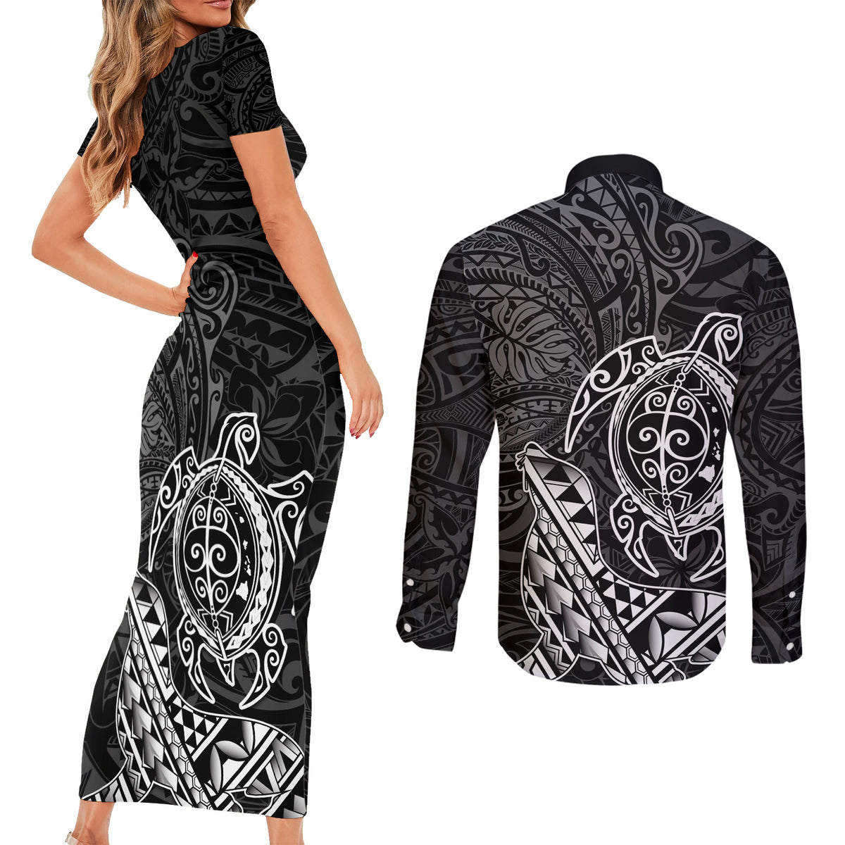 Hawaii Monk Seal and Dolphin Couples Matching Short Sleeve Bodycon Dress and Long Sleeve Button Shirt Polynesian Kakau Pattern Black White Color LT03 - Polynesian Pride