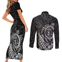 Hawaii Monk Seal and Dolphin Couples Matching Short Sleeve Bodycon Dress and Long Sleeve Button Shirt Polynesian Kakau Pattern Black White Color LT03 - Polynesian Pride