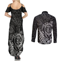Hawaii Monk Seal and Dolphin Couples Matching Summer Maxi Dress and Long Sleeve Button Shirt Polynesian Kakau Pattern Black White Color LT03 - Polynesian Pride