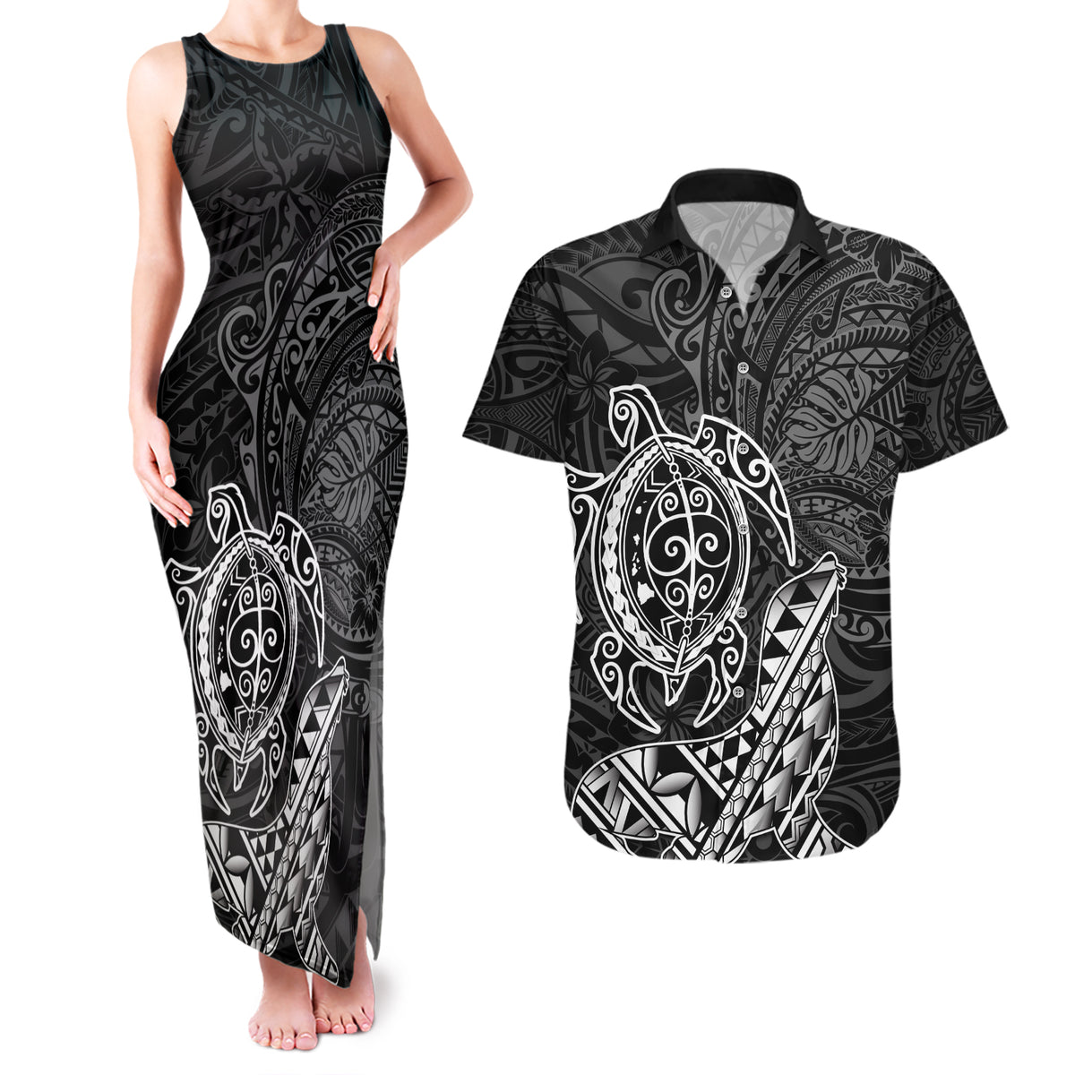 Hawaii Monk Seal and Dolphin Couples Matching Tank Maxi Dress and Hawaiian Shirt Polynesian Kakau Pattern Black White Color LT03 Black - Polynesian Pride