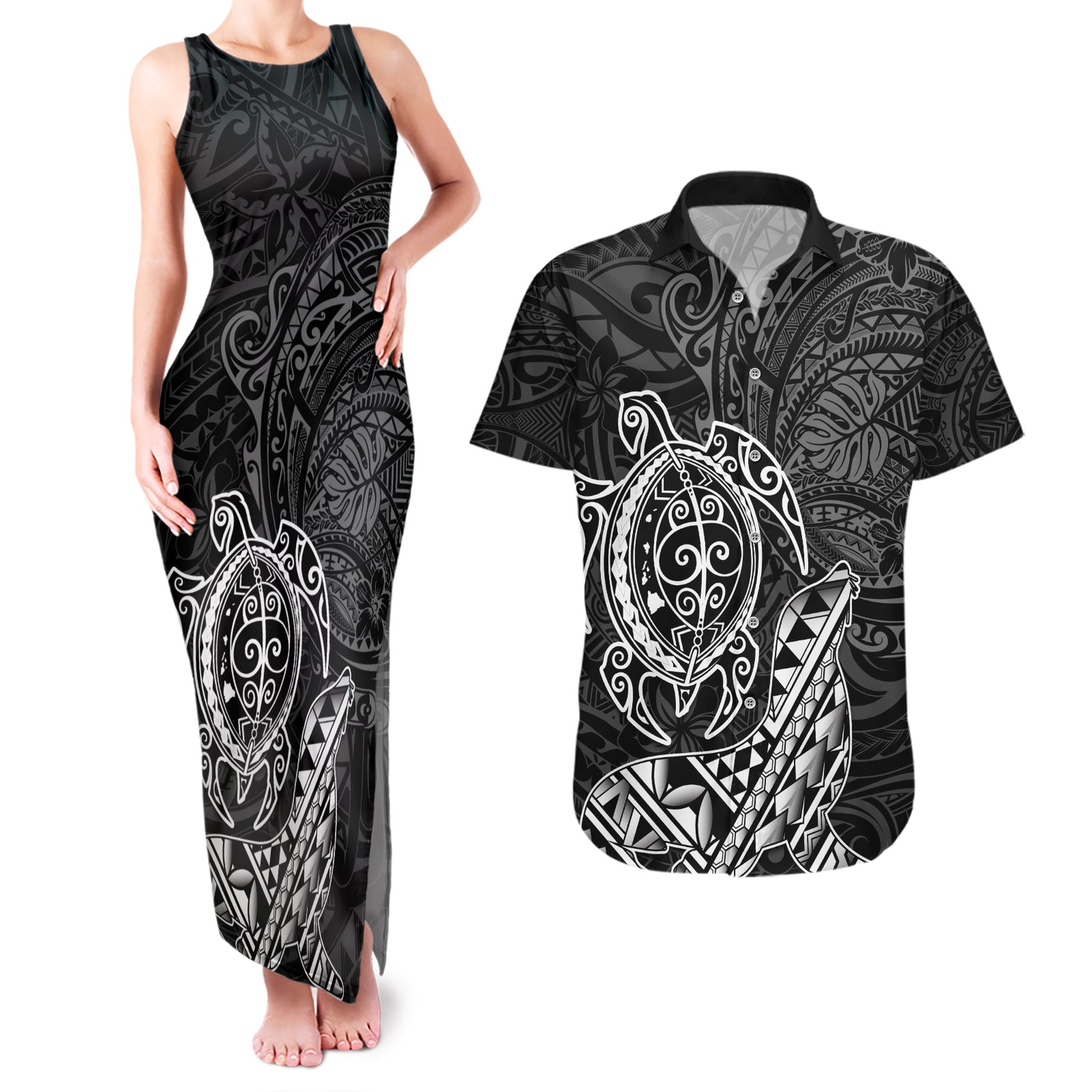 Hawaii Monk Seal and Dolphin Couples Matching Tank Maxi Dress and Hawaiian Shirt Polynesian Kakau Pattern Black White Color LT03 Black - Polynesian Pride