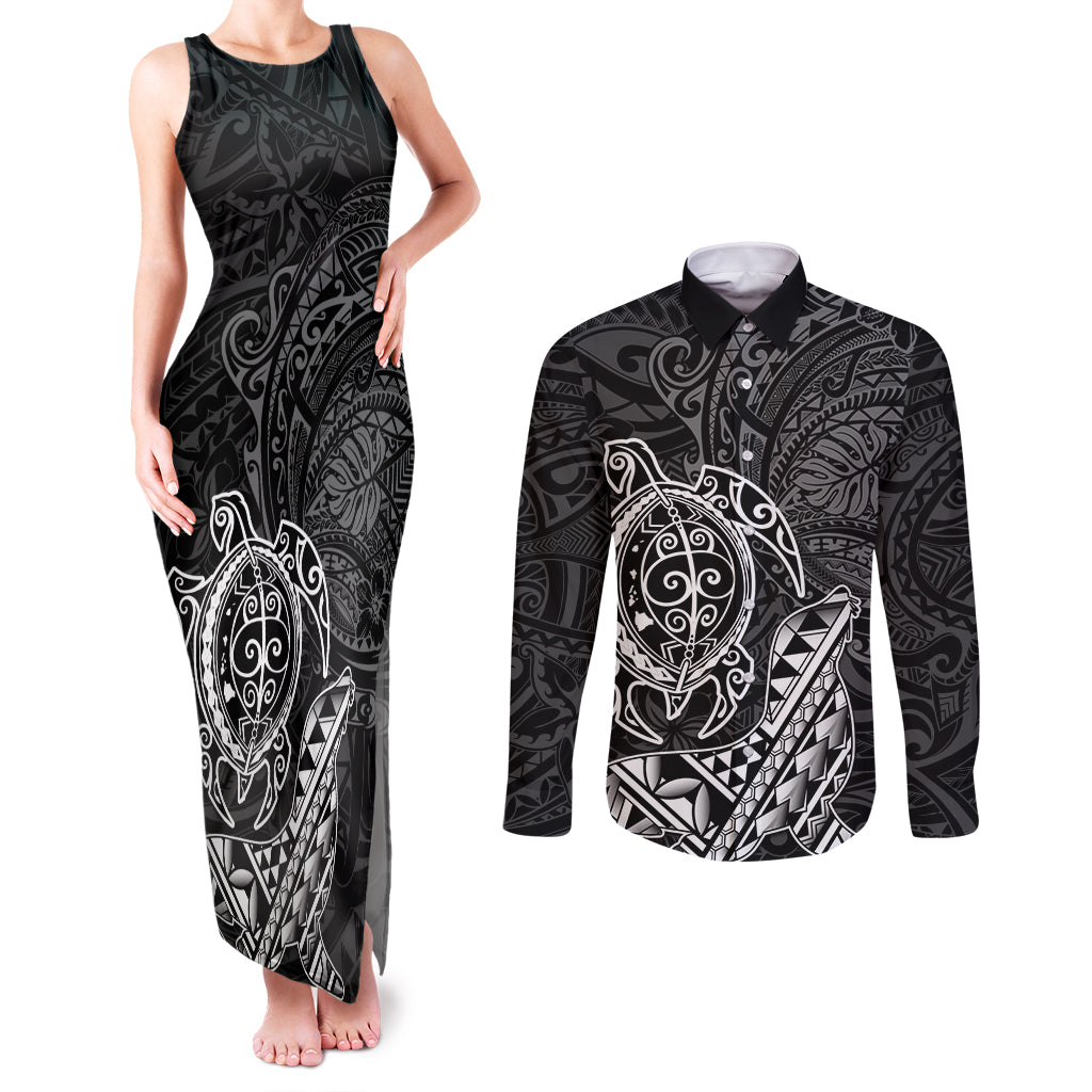 Hawaii Monk Seal and Dolphin Couples Matching Tank Maxi Dress and Long Sleeve Button Shirt Polynesian Kakau Pattern Black White Color LT03 Black - Polynesian Pride