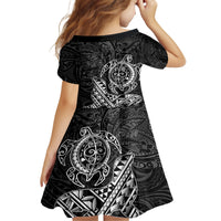 Hawaii Monk Seal and Dolphin Family Matching Off Shoulder Maxi Dress and Hawaiian Shirt Polynesian Kakau Pattern Black White Color
