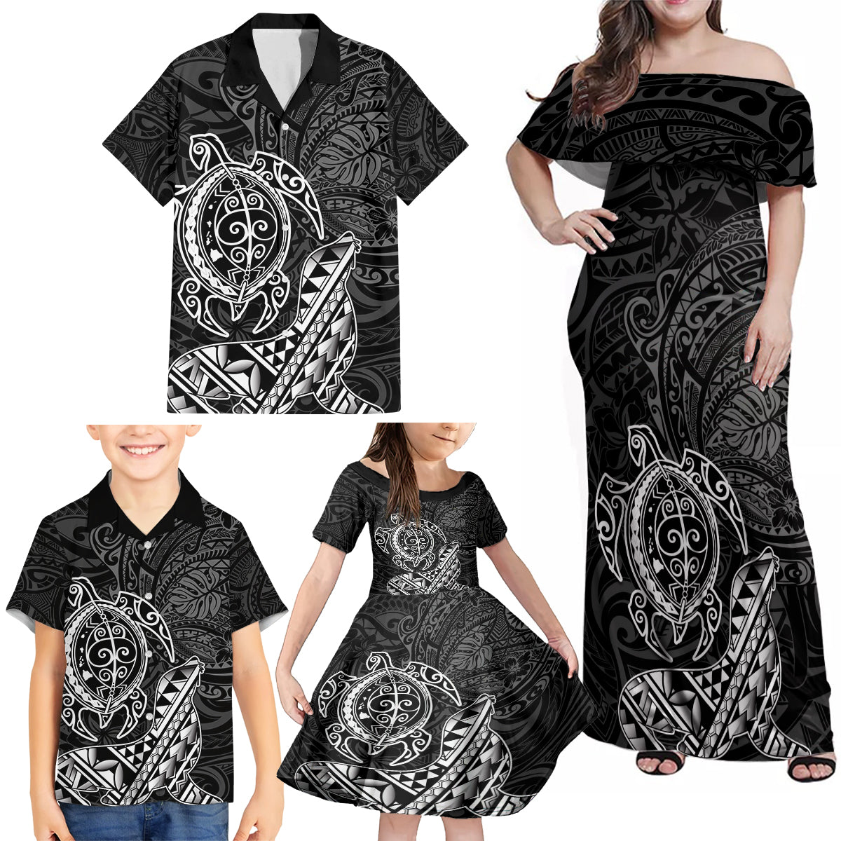 Hawaii Monk Seal and Dolphin Family Matching Off Shoulder Maxi Dress and Hawaiian Shirt Polynesian Kakau Pattern Black White Color