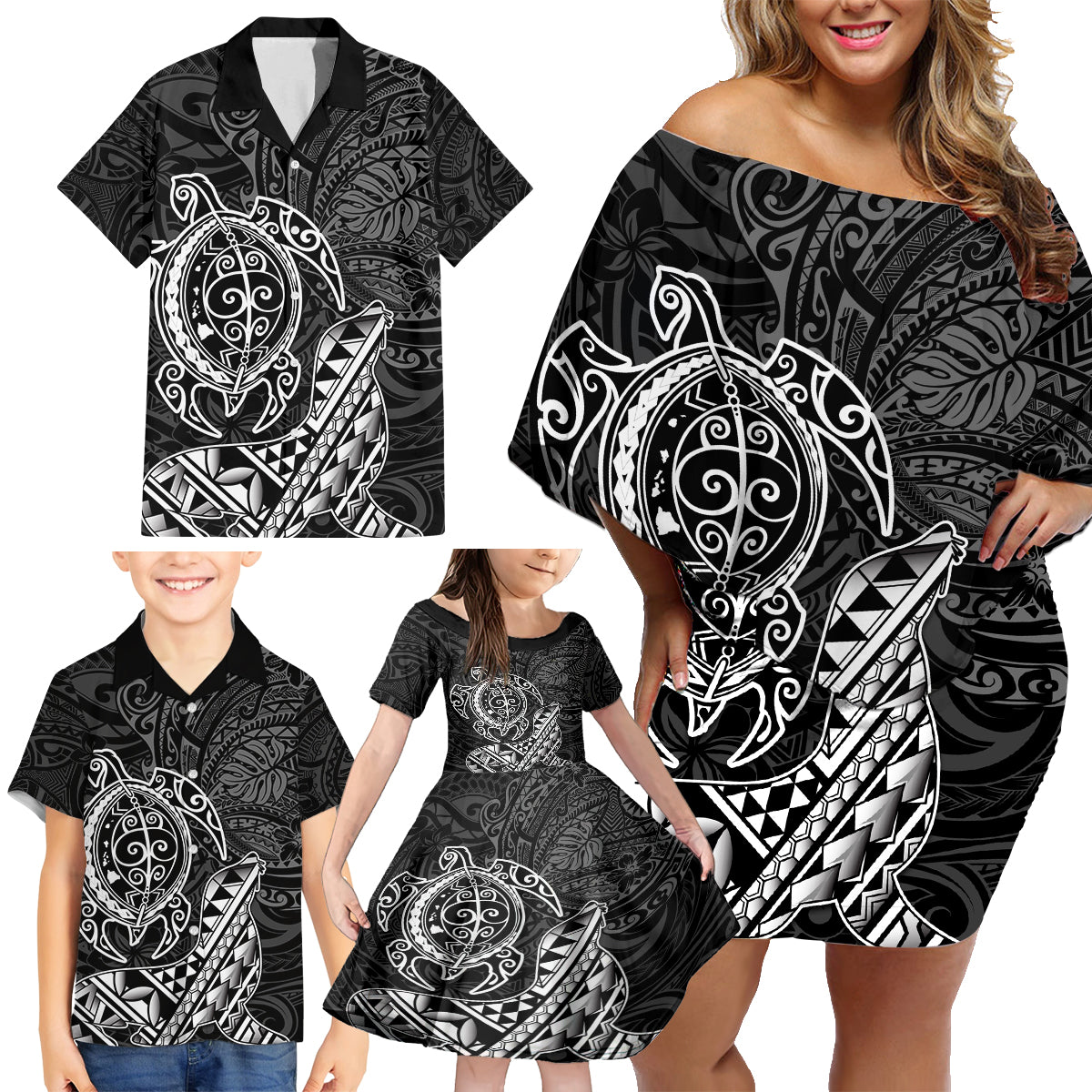 Hawaii Monk Seal and Dolphin Family Matching Off Shoulder Short Dress and Hawaiian Shirt Polynesian Kakau Pattern Black White Color LT03 - Polynesian Pride