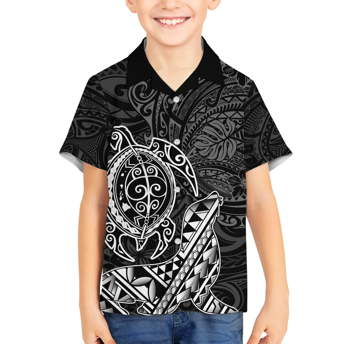 Hawaii Monk Seal and Dolphin Family Matching Off Shoulder Short Dress and Hawaiian Shirt Polynesian Kakau Pattern Black White Color