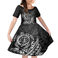 Hawaii Monk Seal and Dolphin Family Matching Puletasi and Hawaiian Shirt Polynesian Kakau Pattern Black White Color LT03 Daughter's Dress Black - Polynesian Pride