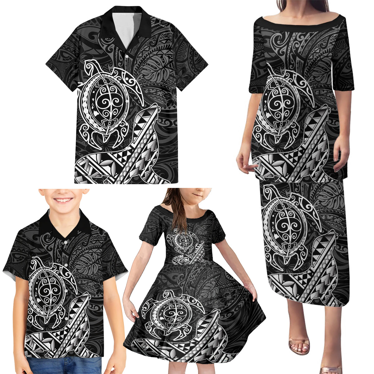 Hawaii Monk Seal and Dolphin Family Matching Puletasi and Hawaiian Shirt Polynesian Kakau Pattern Black White Color