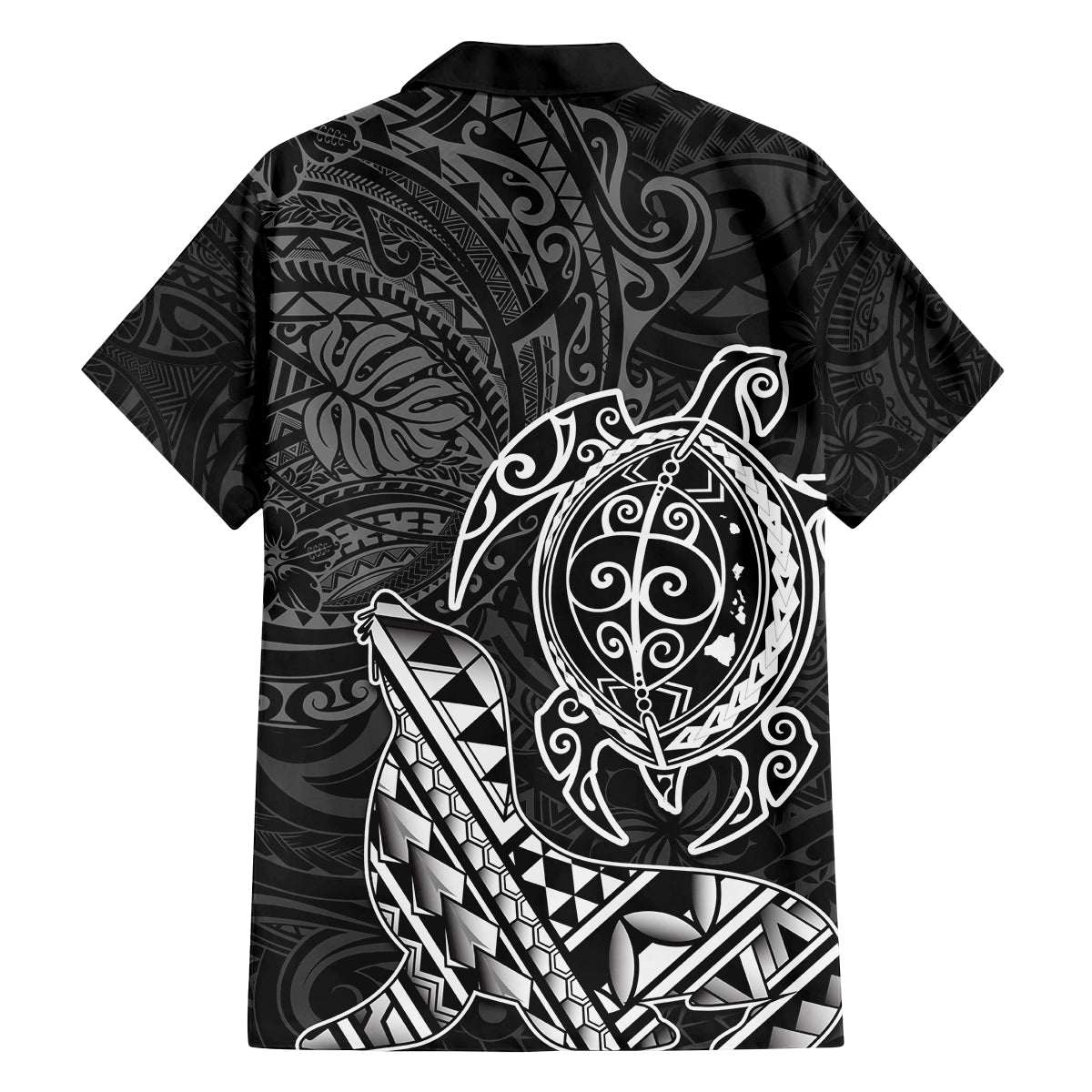 Hawaii Monk Seal and Dolphin Family Matching Puletasi and Hawaiian Shirt Polynesian Kakau Pattern Black White Color LT03 - Polynesian Pride