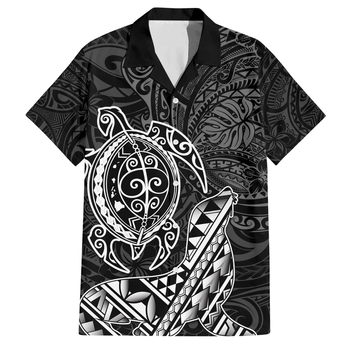 Hawaii Monk Seal and Dolphin Family Matching Short Sleeve Bodycon Dress and Hawaiian Shirt Polynesian Kakau Pattern Black White Color