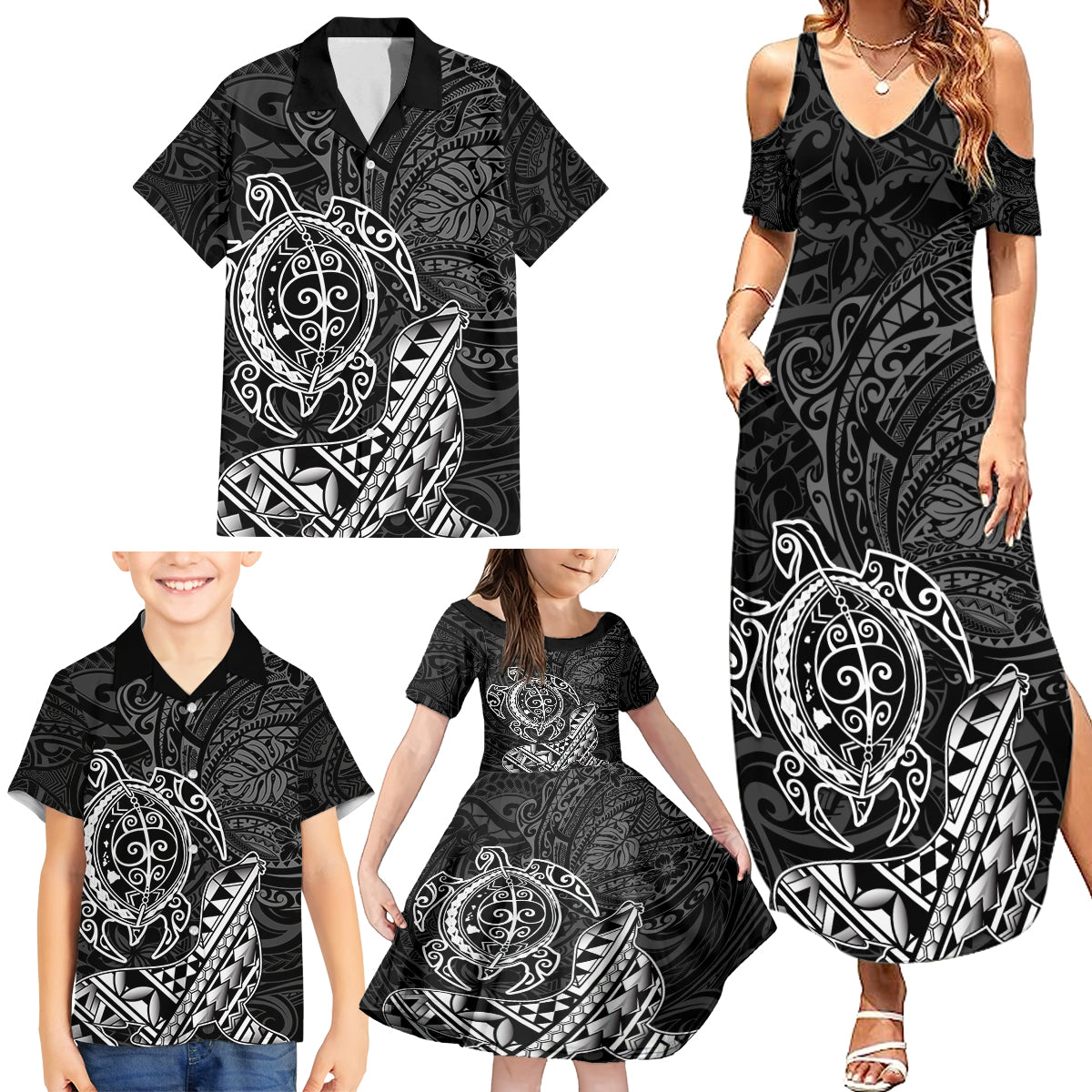 Hawaii Monk Seal and Dolphin Family Matching Summer Maxi Dress and Hawaiian Shirt Polynesian Kakau Pattern Black White Color