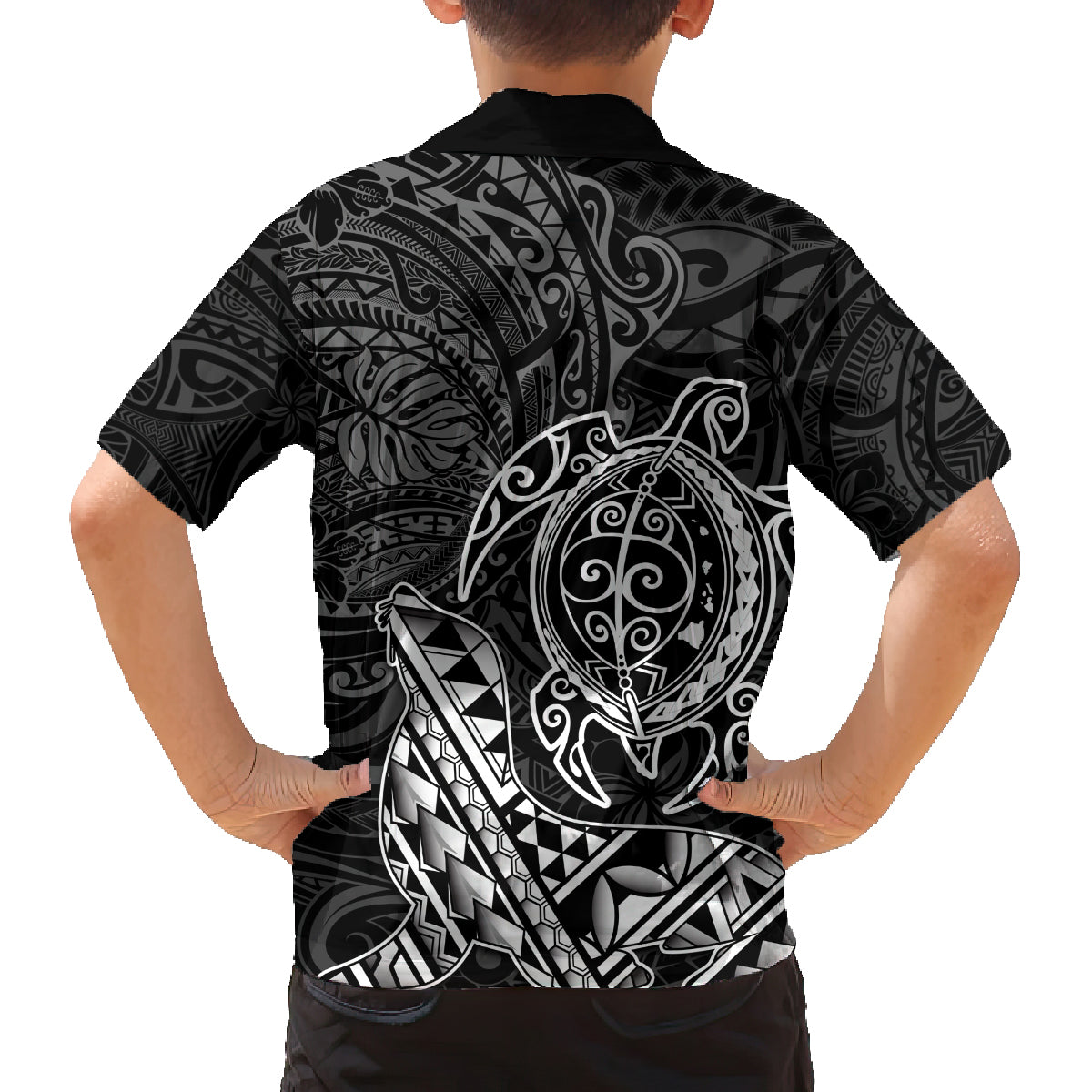 Hawaii Monk Seal and Dolphin Family Matching Tank Maxi Dress and Hawaiian Shirt Polynesian Kakau Pattern Black White Color