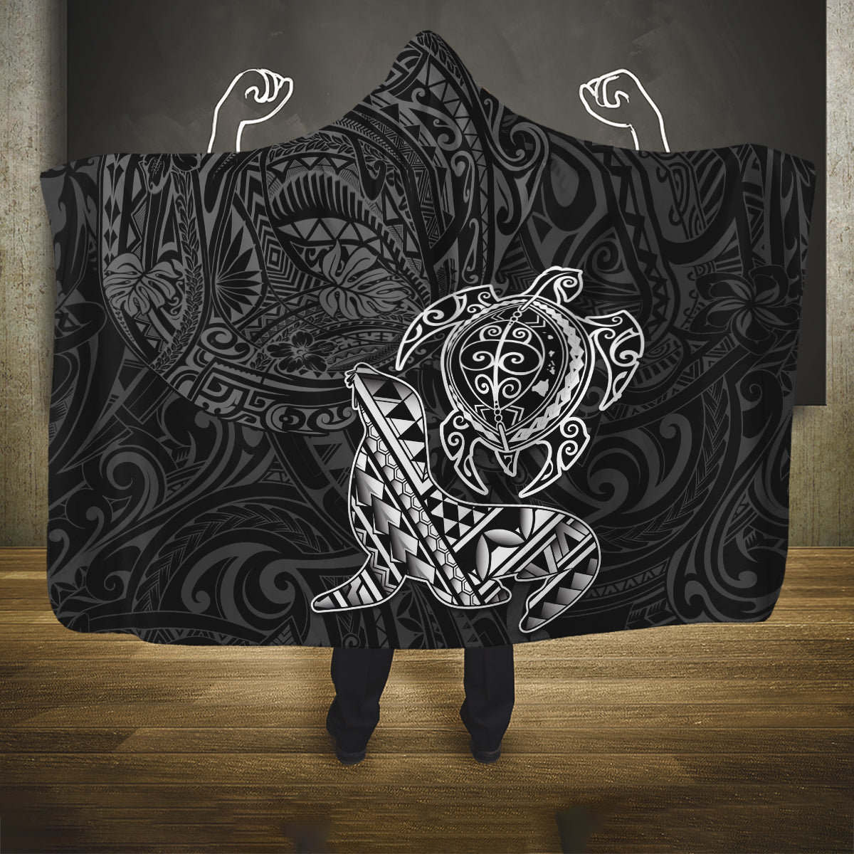 Hawaii Monk Seal and Dolphin Hooded Blanket Polynesian Kakau Pattern Black White Color LT03 One Size Black - Polynesian Pride