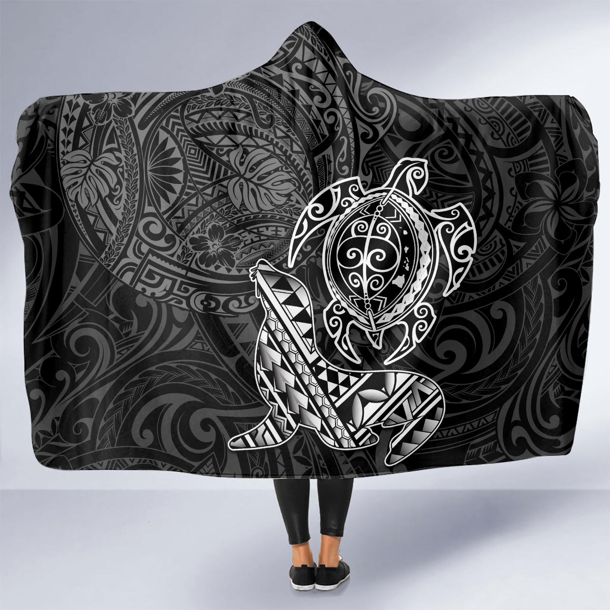 Hawaii Monk Seal and Dolphin Hooded Blanket Polynesian Kakau Pattern Black White Color LT03 - Polynesian Pride