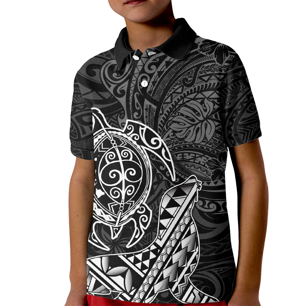 Hawaii Monk Seal and Dolphin Kid Polo Shirt Polynesian Kakau Pattern Black White Color